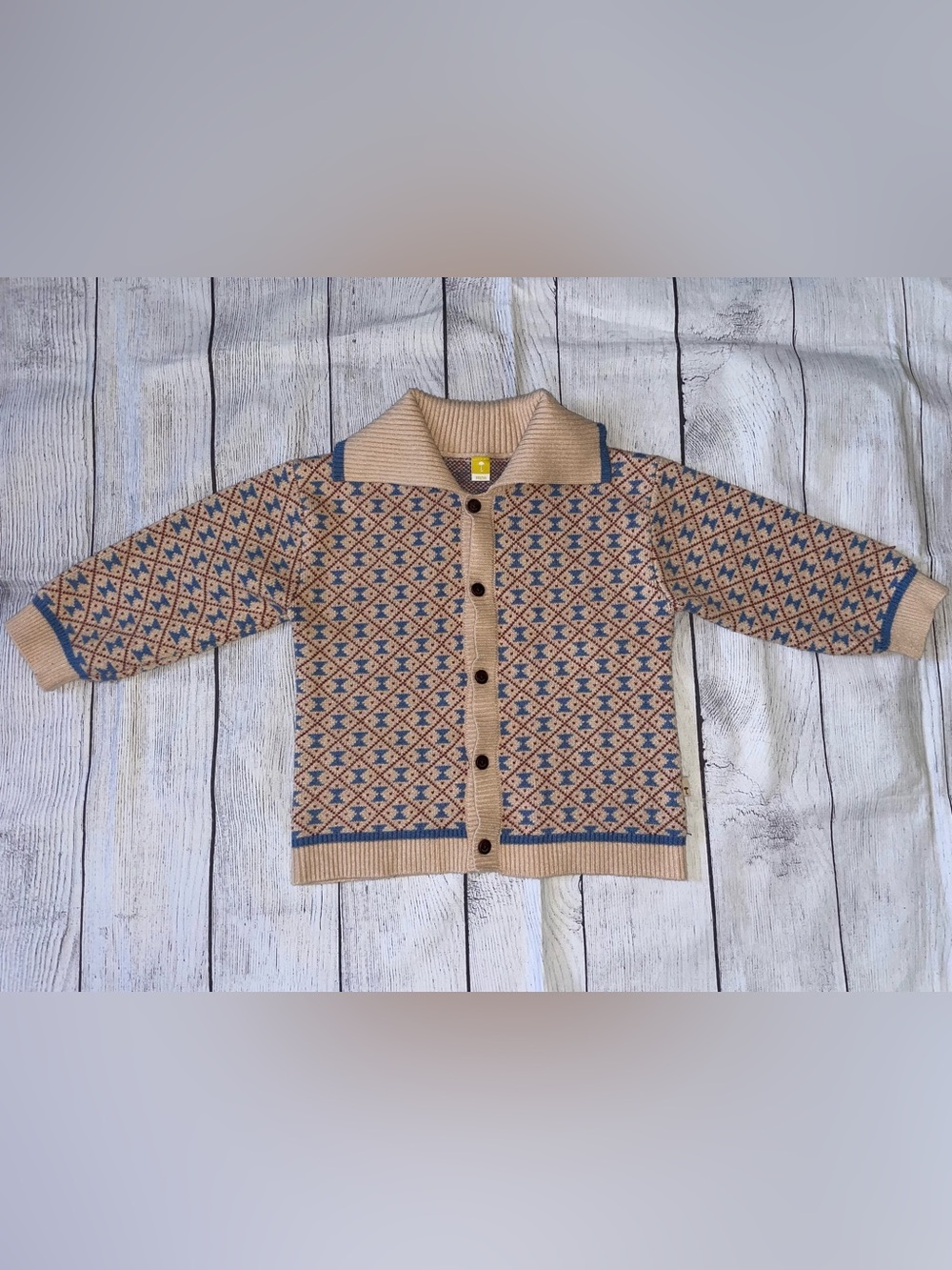 MoiMoln Beige and Blue Patterned Knit Collared Cardigan Sweater